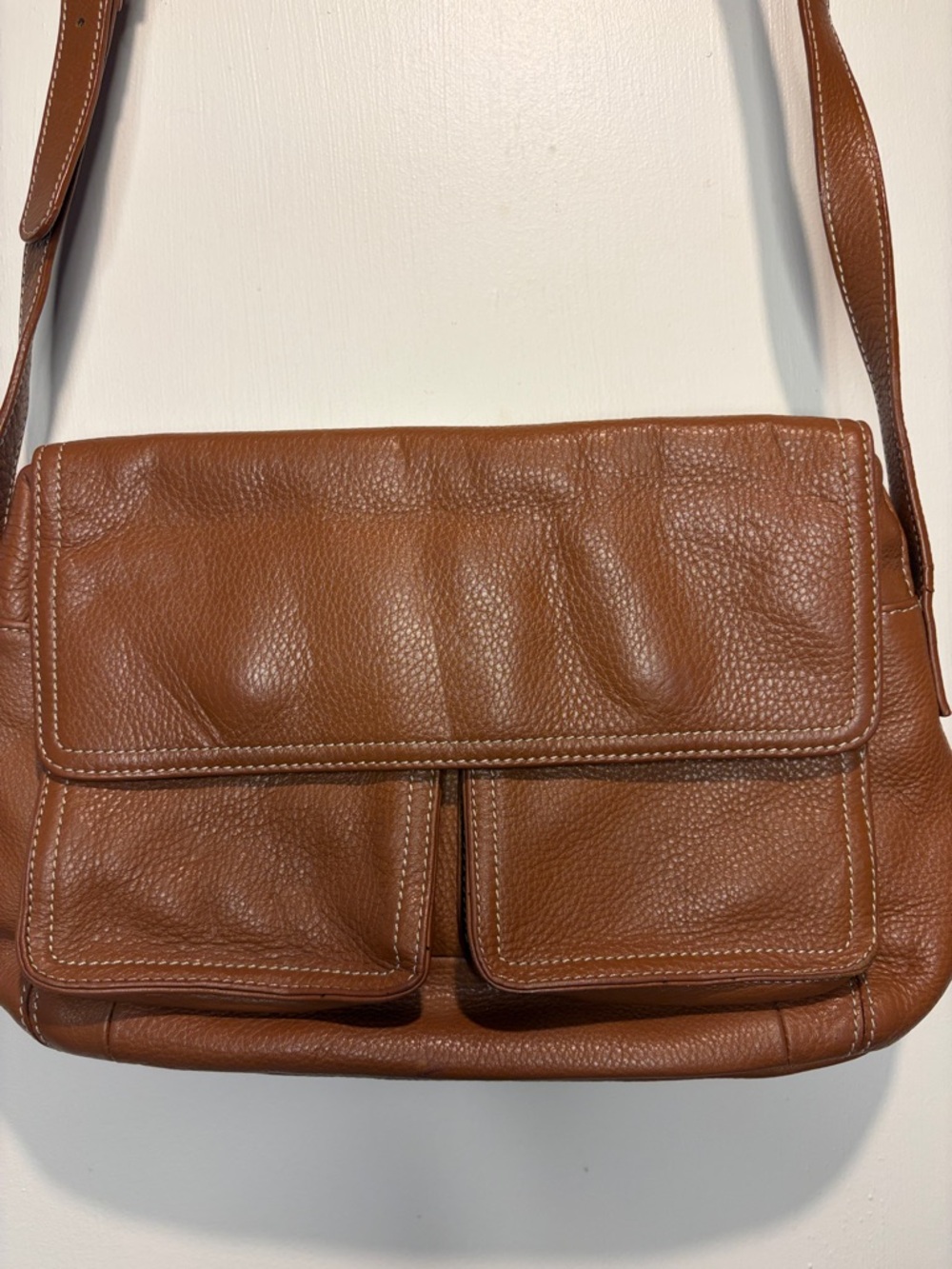 Tignanello Genuine Leather Saddle Bag Pebbled Brown Camel Strap Compartments